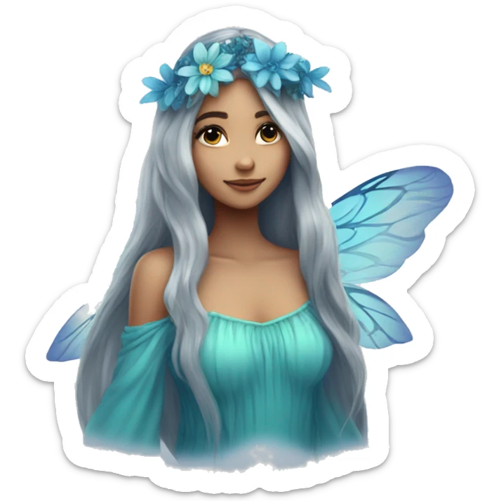 Beautiful, flower, fairy, blue, turqoise, silver, navy, long hair, big wings sticker