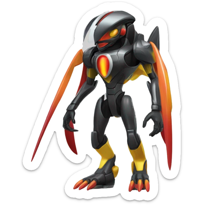 a shiny metallic black-red-orange-yellow Genesect-Flygon-Raptor-Fakémon-Medabot-hybrid with a futuristic visor-helmet full body sticker