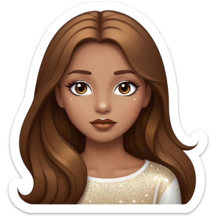Girl with long brown hair with sparkly white eyeshadow and sparkles on face and bronze lipstick  sticker
