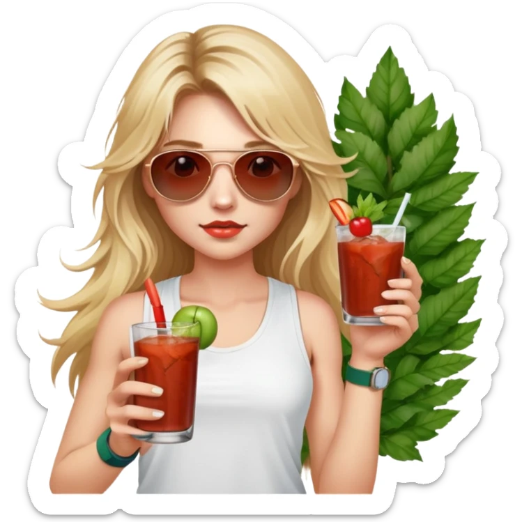 girl with long blond messy hair
with blue eyes
and aviator sunglasses
wearing white tank top 
holding bloody mary
wearing (rose gold apple watch with forest green band) sticker
