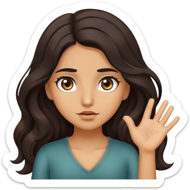 Girl shrugging shoulders with olive skin, brown eyes with long eyelashes and dark wavy long hair sticker