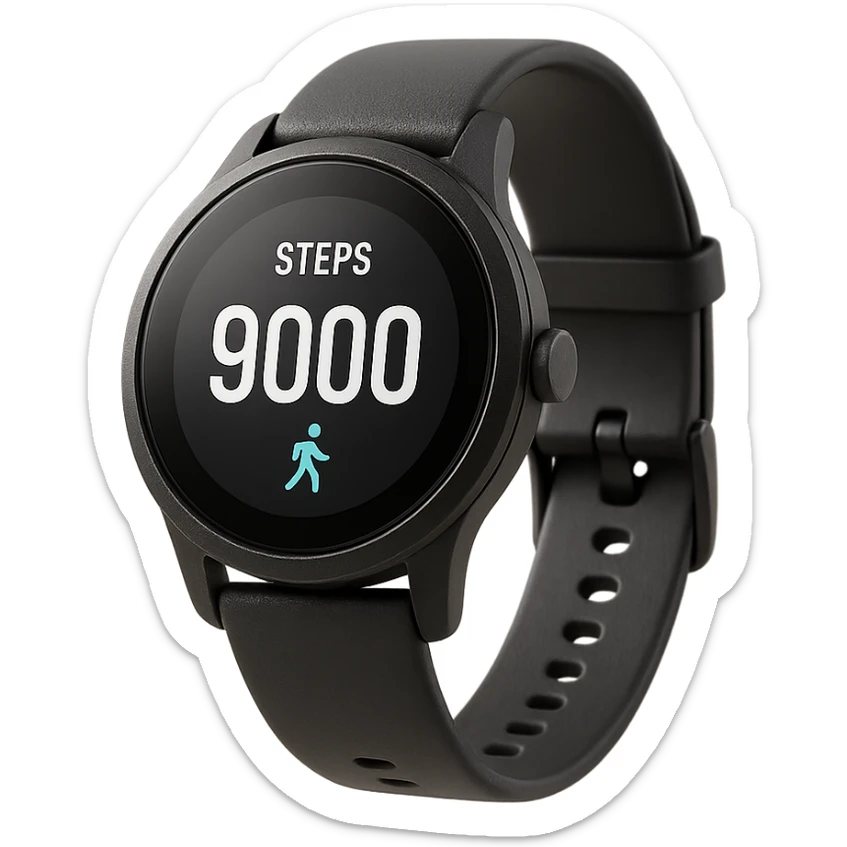 orologio contapassi che segna 9.000 passi sul display, fluttua in aria, iperrealistica 4k, isolato su sfondo bianco sticker