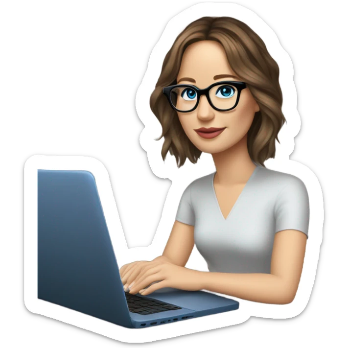 Realistic Photo of Brunette Jennifer Lawrence wearing black glasses and blue eyes talking on their laptop  sticker