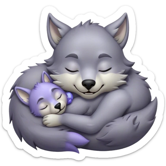Meme-Worthy Cute Sleeping Werewolf Portrait Emoji, with a cuddly, miniature lupine form in soft moonlit grays and silvers, head resting peacefully with gently closed dreamy eyes and a small, content smile, simplified yet irresistibly endearing, highly detailed with a soft glowing outline that captures the cozy, sleepy essence of a werewolf after frolicking under the full moon! sticker