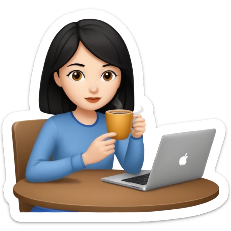 laptop and coffee are on the table. coffee is not on the laptop. the girl with medium-length black hair is drinking coffee. sticker