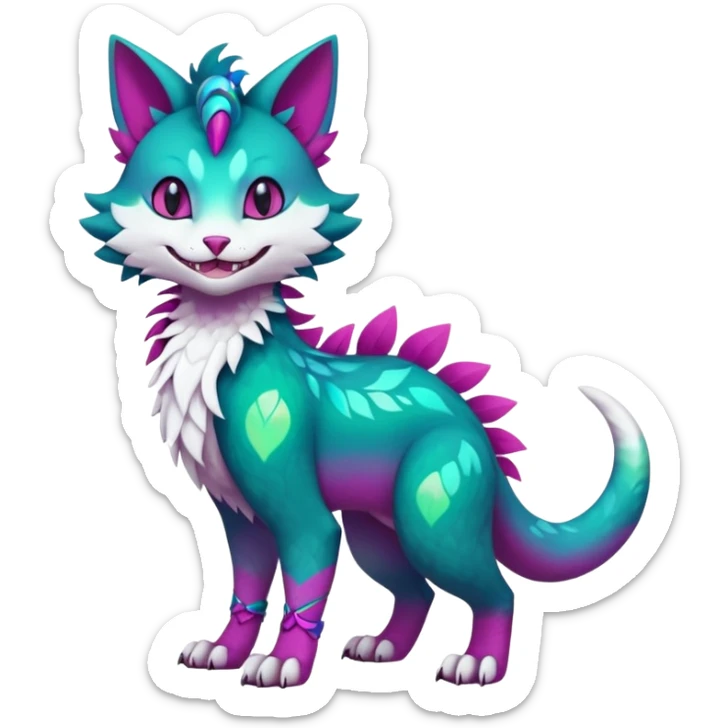 Kawaii cute colorful iridescent deep-dark-turquoise-green and magenta and white beautiful pretty elegant divine edgy feline-vernid-sergal-Fakémon-Pokémon-fursona-animal-creature with accessories, full body, with intricate detailed markings sticker