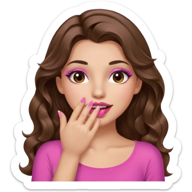 girl with long wavy brown hair, brown eyes, long lashes makeup, sexy pink lips, light to medium complexion, wearing a pink sexy top, sexy, giggling hand covering mouth sticker