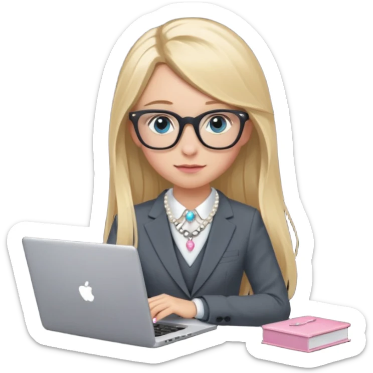Please take the girl with laptop emoji and make her glassess light brown, her eyes ocean blue and her nose a bit smaller and pointier and she has blonde very long hair and a dark grey suit and pearls necklace, and has a laptop in fron of her and a tiny pink bow on the left side of her head sticker