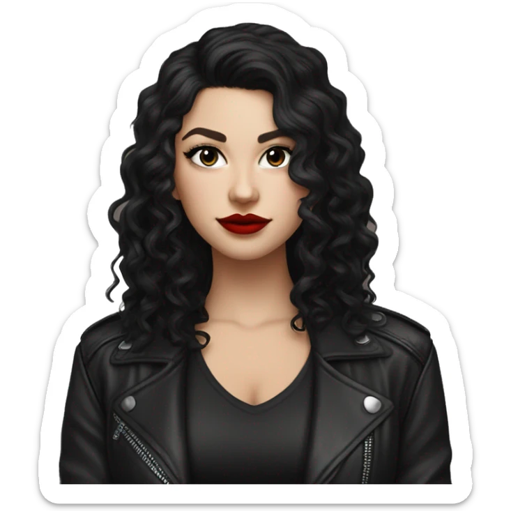 White girl, with long curly black hair, with red lipstick, black winged eyeliner, wearing black shirt and black leather jacket sticker
