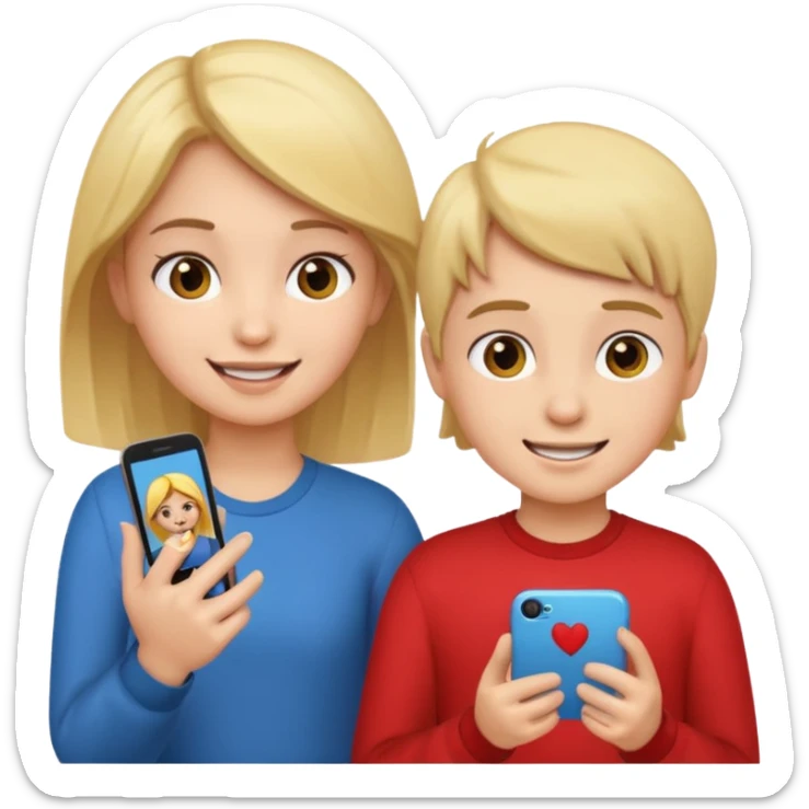 Make an emoji of a girl who is teaching a boy how to make emojis - girl is giving instructions and boy is on phone learning how to make emojis. sticker