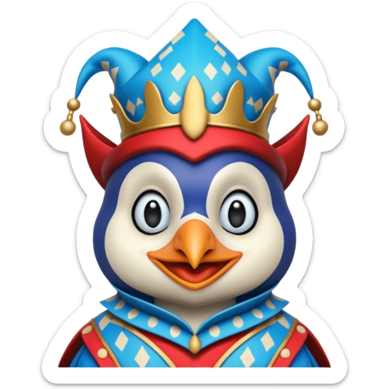 crazy colorful little penguin jolly joker, medieval, vintage, court jester, mac os icon, blue color sticker