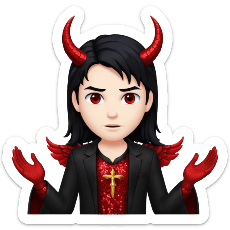 Lucifer from The Bible with red skin, long black hair, black sequin outfit sticker
