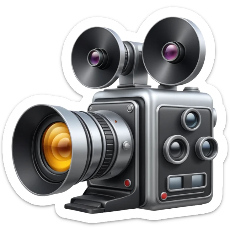 Minimal emoji icon of a huge cinematic metalic camera, front view, realistic lens, no gold sticker