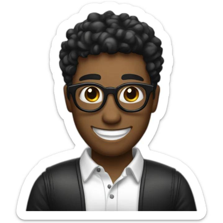 un chico con pelo negro con lentes negros y sonriendo que lleve un polo blanco y una chauqeta de color negro  sticker