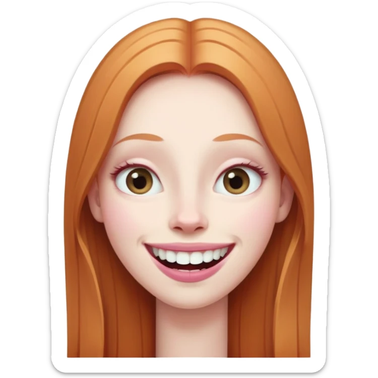 traditional emoji of young girl with very pale skin, long straight muted ginger hair, elongated oval face, bigger human-like eyes positioned close together, wide nose, full pink lips with a big smile showing extremely large and prominent teeth, less intense expression sticker