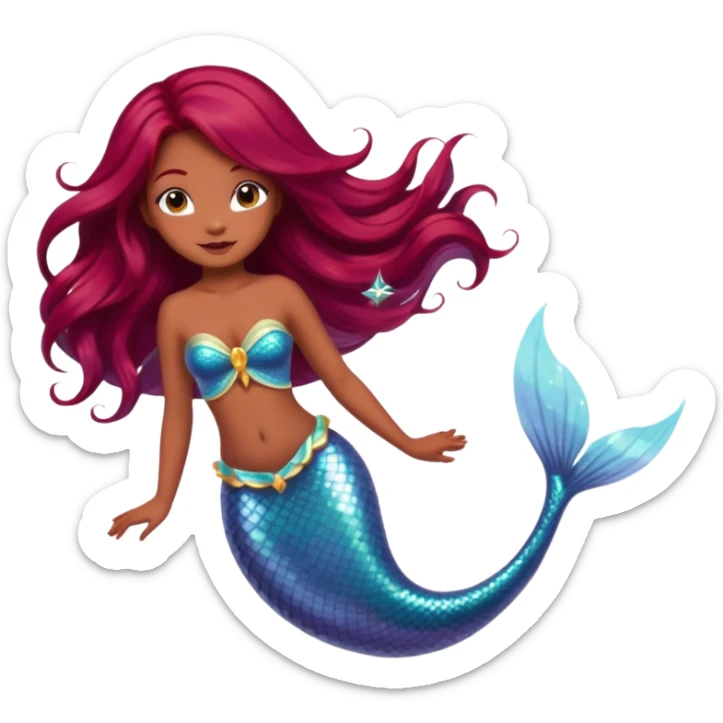 mermaid fairy hybrid, long flowy red burgundy hair, medium brown skin, sparkling tail sticker