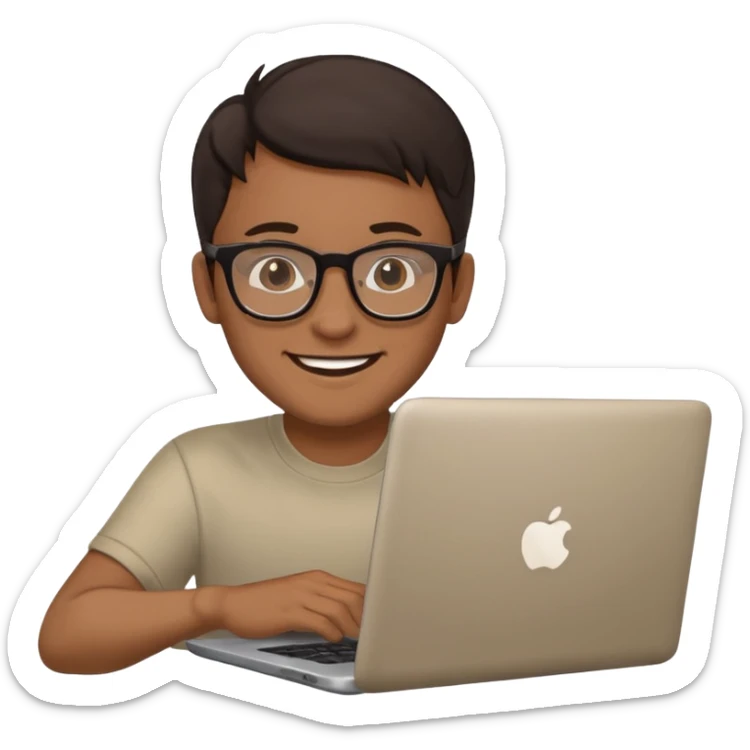 happy man on laptop with light brown skin color , with dark hair front of laptop sticker