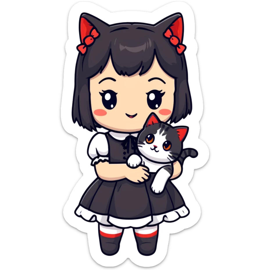 girl wearing black Lolita style dress, with medium-length black hair with red tips, and an American Shorthair tabby cat sticker