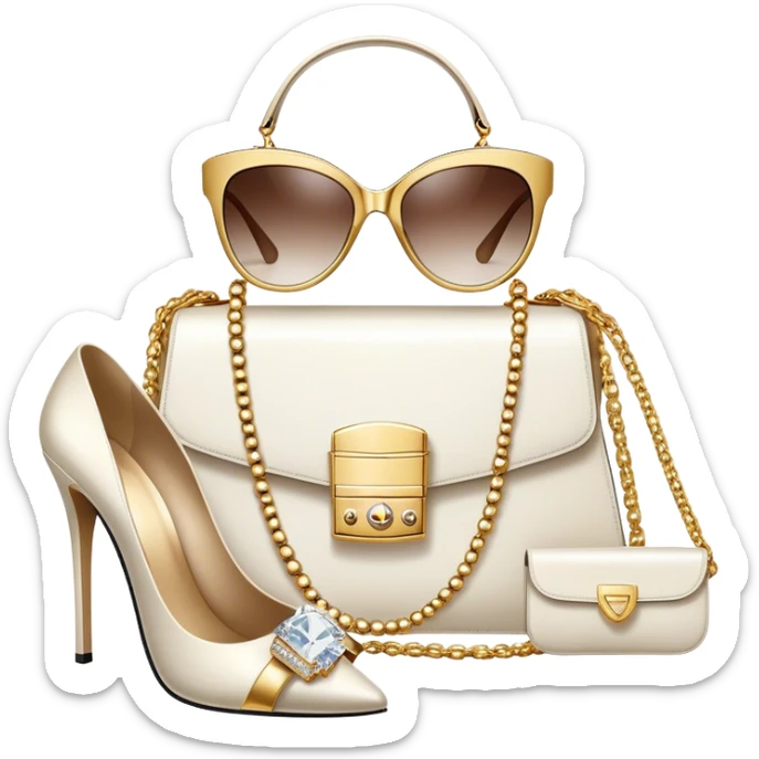 A photorealistic icon featuring luxurious fashion accessories like a high-end handbag, elegant high heels, a sparkling diamond necklace and a stylish pair of sunglasses. The design includes gold accents, purfume, and glamorous textures, fashion, and VIP luxury. Transparent background sticker