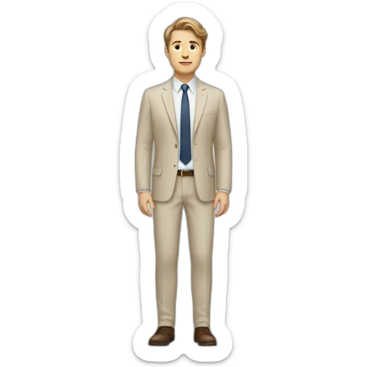 white guy in beige suit with brown hair and white shoes and a white gray pants sticker