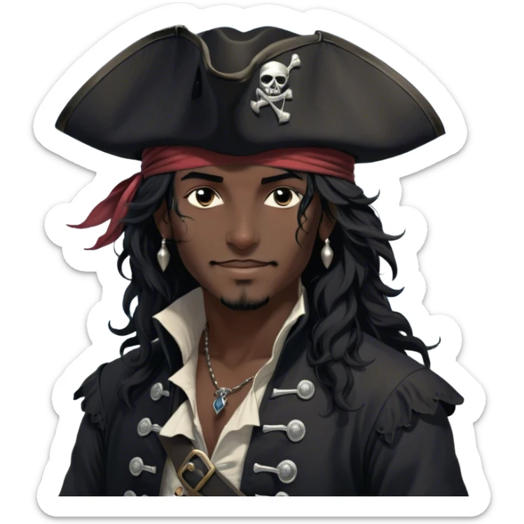 A charismatic pirate with wavy black hair that falls just past his shoulders, tousled slightly by the sea breeze. He wears a black tricorn hat with subtle silver embroidery along the edges, casting a shadow over his sharp, confident features. His piercing dark eyes glint with mischief as he gazes to the side, a knowing smile playing at his lips. His well-fitted black coat, adorned with polished silver buttons and intricate stitching, moves slightly with the wind, revealing glimpses of a deep-crimson waistcoat underneath. A silver chain dangles from his belt, catching the dim golden light of the setting sun. His posture is relaxed yet assured, exuding effortless charm as if he owns the sea itself. sticker
