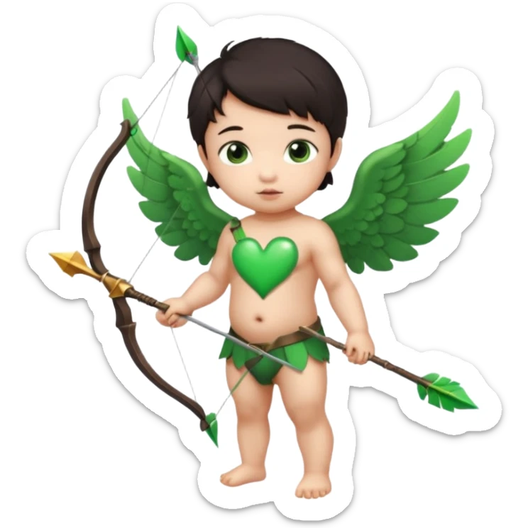 cupid asian baby flying full body with wings with brown eyes and dark hair handled bow and arrow green heart breaker and looking to heart sticker