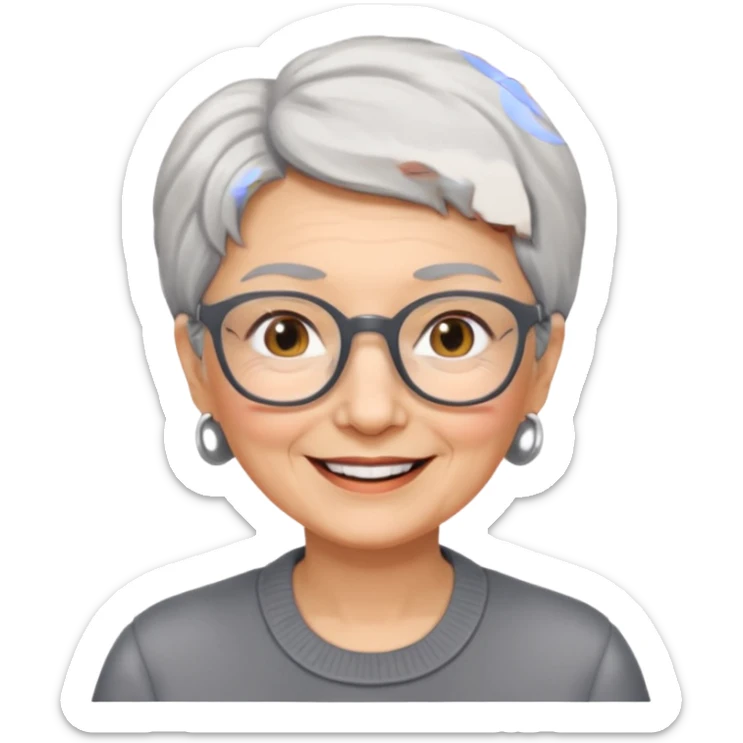 emoji of a lady in her 70s, short gray hair, wearing glasses, friendly smile sticker
