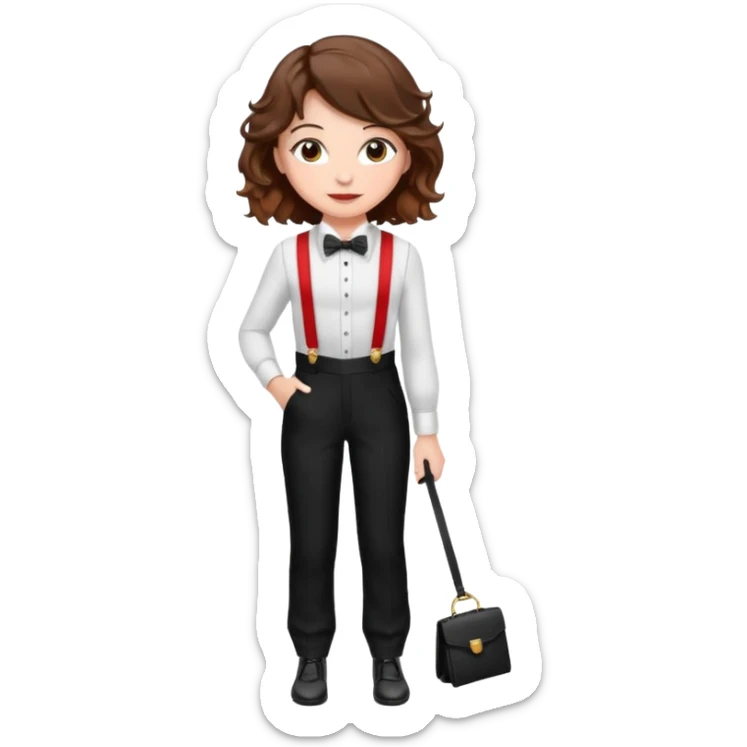 Woman with wavy brown hair and hazel eyes wearing black tuxedo pants with red suspenders sticker