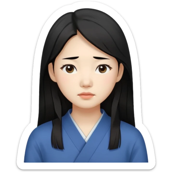 Korean woman, East Asian features,
female human face avatar, headshot,
slightly uncomfortable expression,
subtle frown, tired eyes,
sensitive and delicate mood,
neutral face, minimal expression,
simple black hair,
clean background,long hair
professional, minimal style sticker