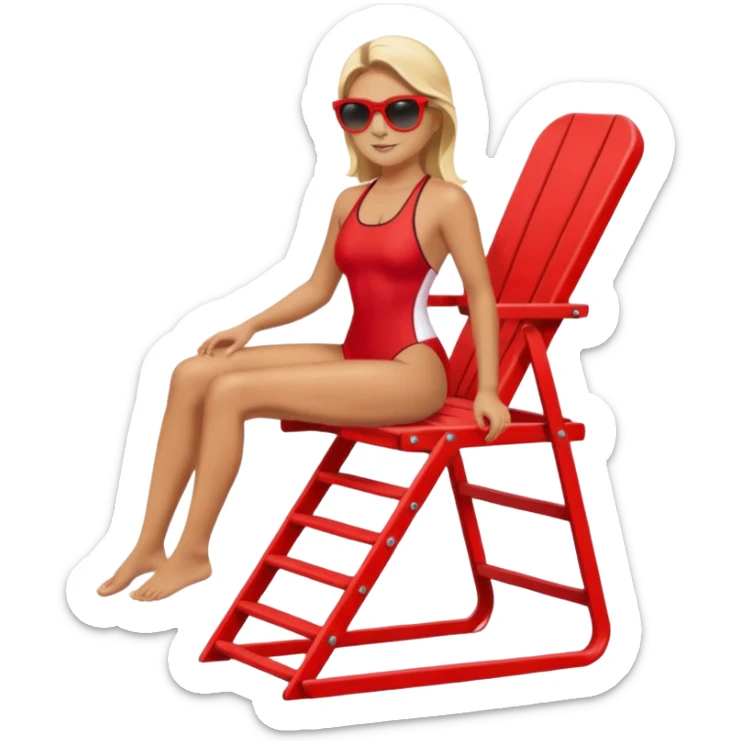 Female lifeguard – red swimsuit, sunglasses, sitting on tall lifeguard chair. sticker