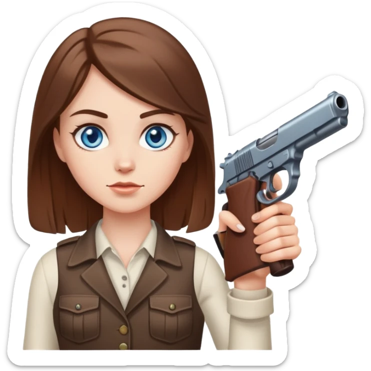 White girl with blue eyes and brown hair holding gun up sticker