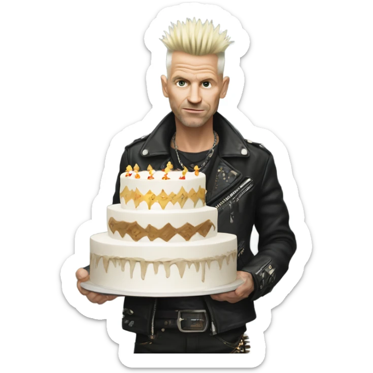 White male Punk with mohican holding 60 year birthday old cake sticker