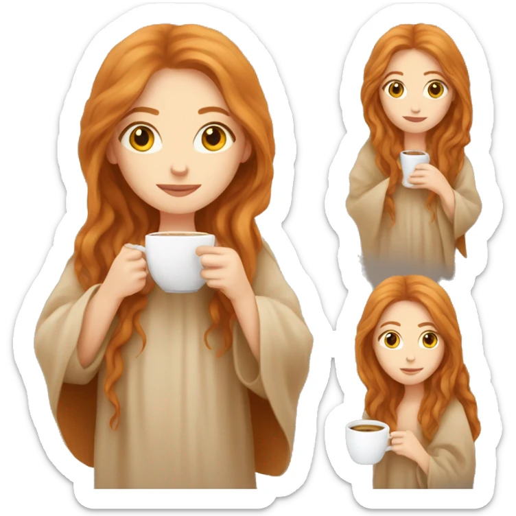 A pretty white girl with very long ginger hair  in a beige blanket sipping coffee sticker