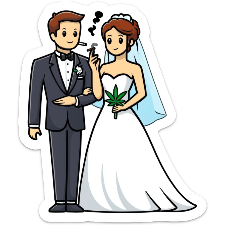 A bride in white wedding dress and groom in tuxedo, full body, smoking cannabis together, wedding couple sticker