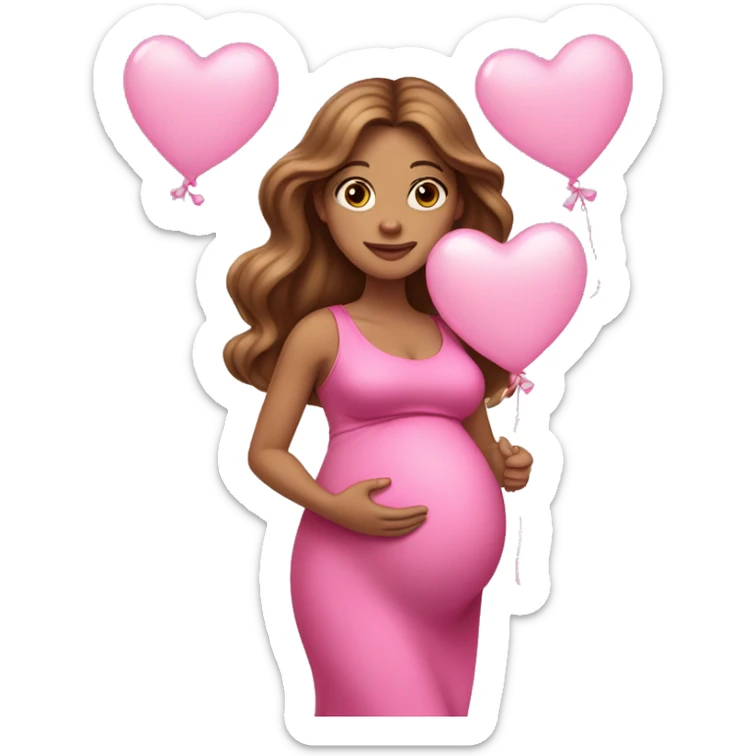 Brown pregnant lady, with Long Light Brown hair and blue eyes. She is wearing a tight pink dress and a bow,  standing and holding two pink heart balloons. sticker