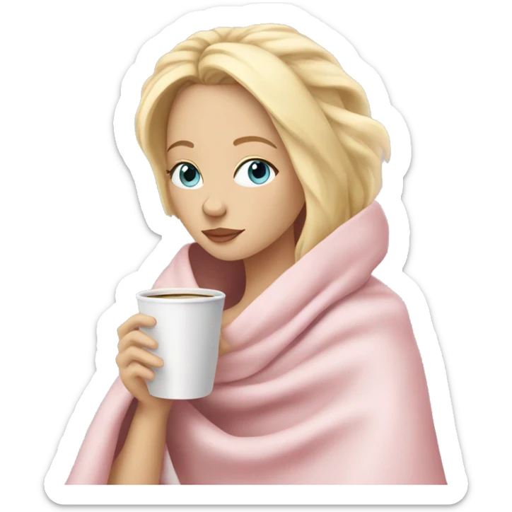 Blonde girl inside a light pink blancket sipping coffee eyes closed white skin blue eyes  sticker