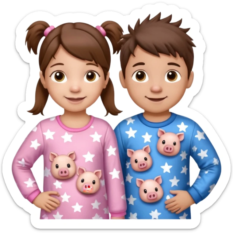 A toddler girl with brown hair with two pig tails, wearing pink pajamas with white stars on them. With a 4 year old boy with spikey brown hair, wearing blue pajamas with white stars on them. Both light skin and smiling. Both with a mix of big and small white stars on the pajamas  sticker