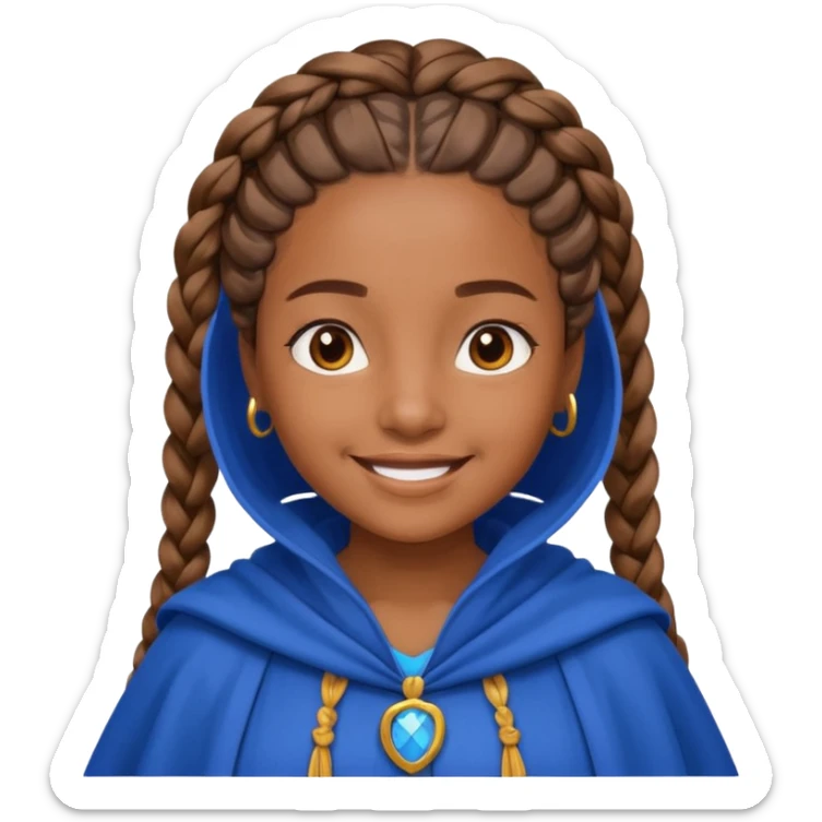brown skin girl with braided hair, wearing blue cloak, smile sticker