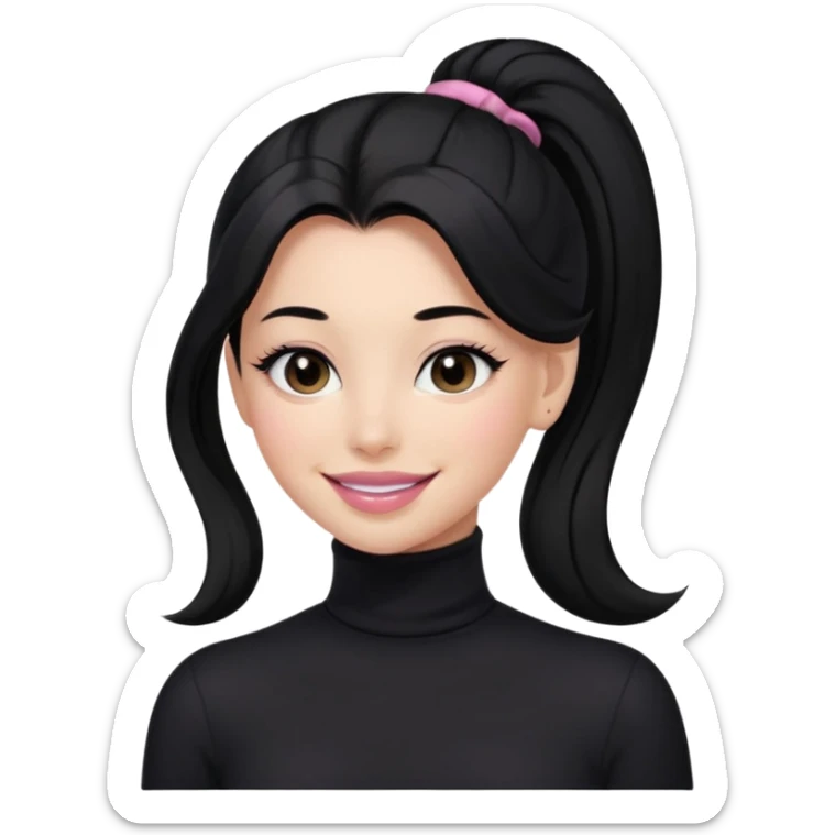 a woman with long sleeve turtle neck top and smile, her hair is long black pony tail, her eyes color are black and the color of her lip is soft pink sticker