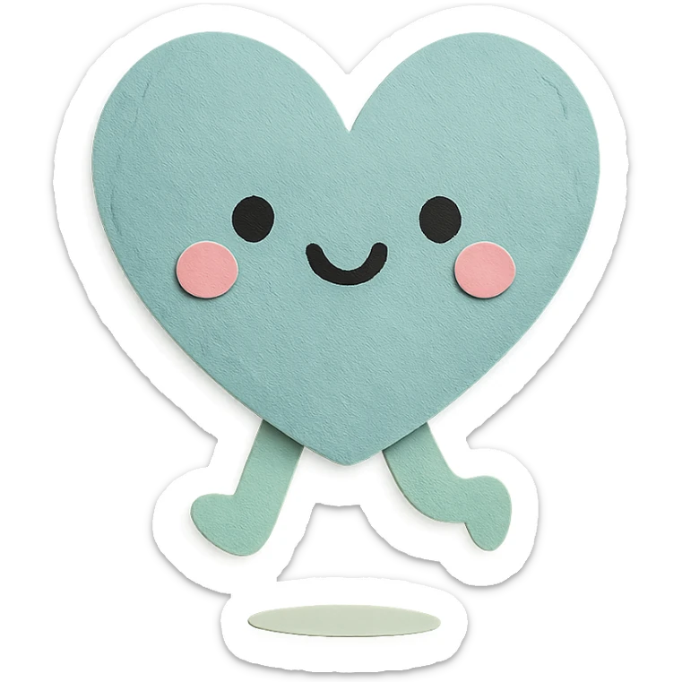 kawaii soft teal heart character jumping happily, no arms, no legs, full body, soft pastel kawaii paper craft style sticker