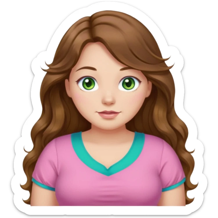 Girl girl long wavy brown hair, green/blue/gold eyes, plus size, pink girly top sticker