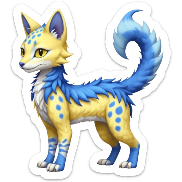 Kawaii yellow and blue beautiful pretty elegant divine edgy fantasy feline-vernid-sergal-fursona animal creature with a tufted tail full body with intricate markings  sticker