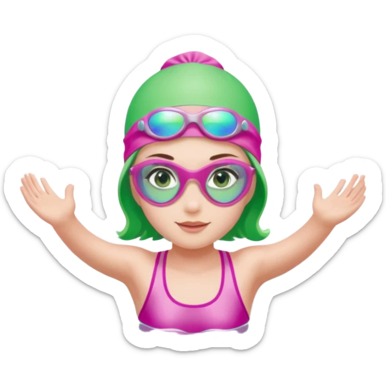 pretty girl with green eyes pink swim cap holographic swimming glasses and cute profesional swimmer pink swimsuit swimming sticker