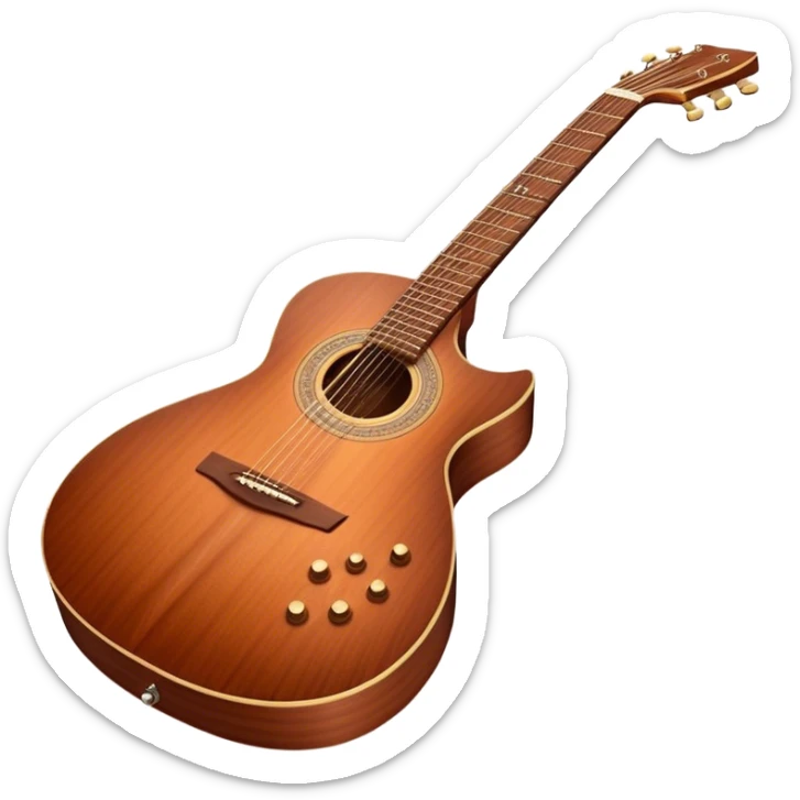 Cinematic Realistic Guitar, smooth mahogany body with intricate wood grain, steel strings reflecting soft light, gentle hand positioning on the fretboard, glowing with warmth and musical soul. sticker