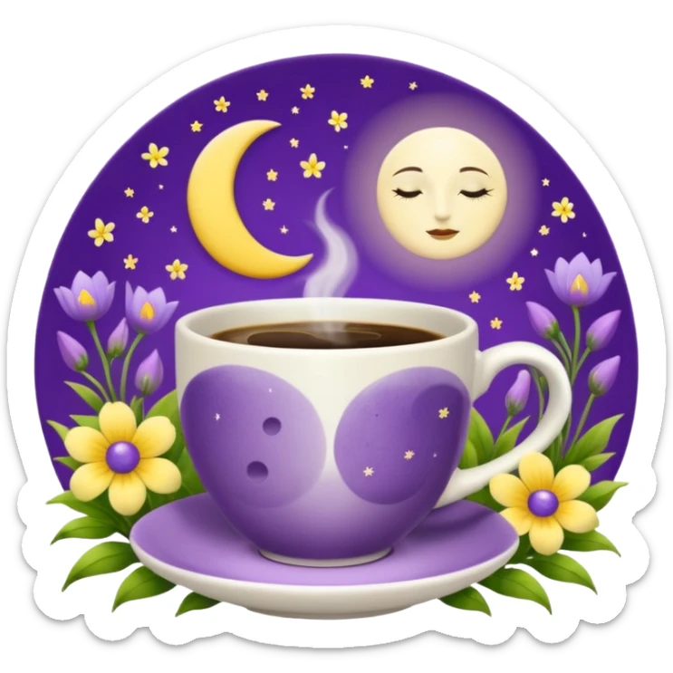 Coffee cup with the moon on the coffee cup in a garden of purple and yellow flowers positioned for a left handed person  sticker