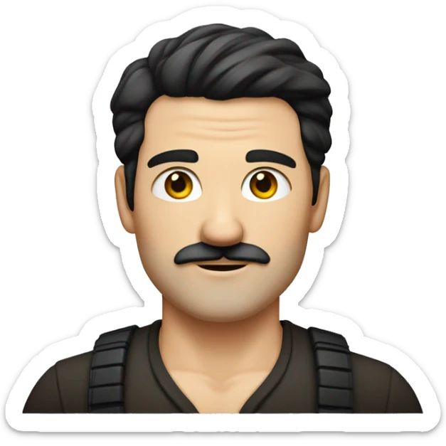 white German man with black hair, the sides and back almost shaved off and the top longish and parted. he also has a stubby mustache sticker