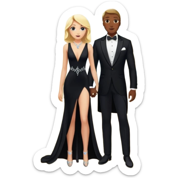 Blonde woman, black, Long, tight, sleveless Dress, Slot left Leg, man, black Hair, in Dinner jacket, Background ballroom sticker