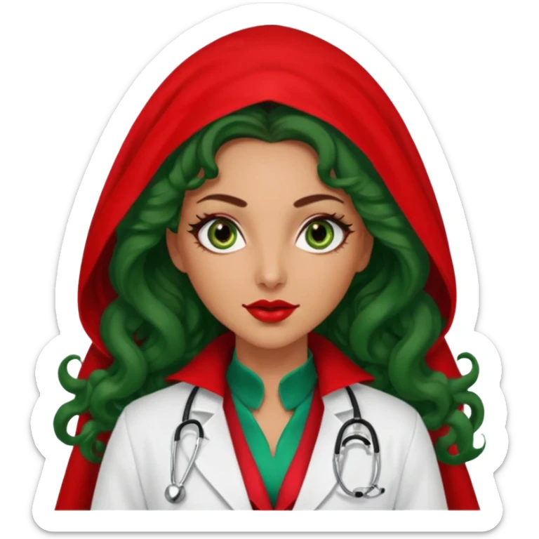 Spanish sexy evil woman. She has green eyes.  had brown long curly hair.  evil surgeon kills with needle wears red sexy doctor coat with red Juliet veil on her mouth and nose ONLY to hide and wearing red gloves. Hair is free and flowing long  sticker