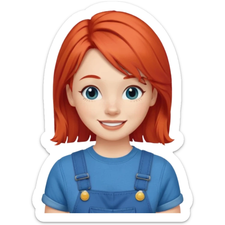 redheaded girl with blue hair, 1960s hairstyle, blue overalls, no text, winking sticker