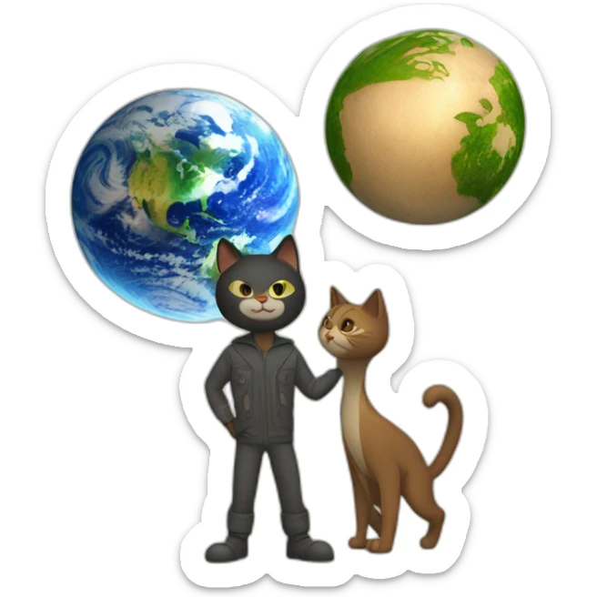 high definition, a cat man stands next to the Earth, and the cat man uses a pivot to move the Earth sticker